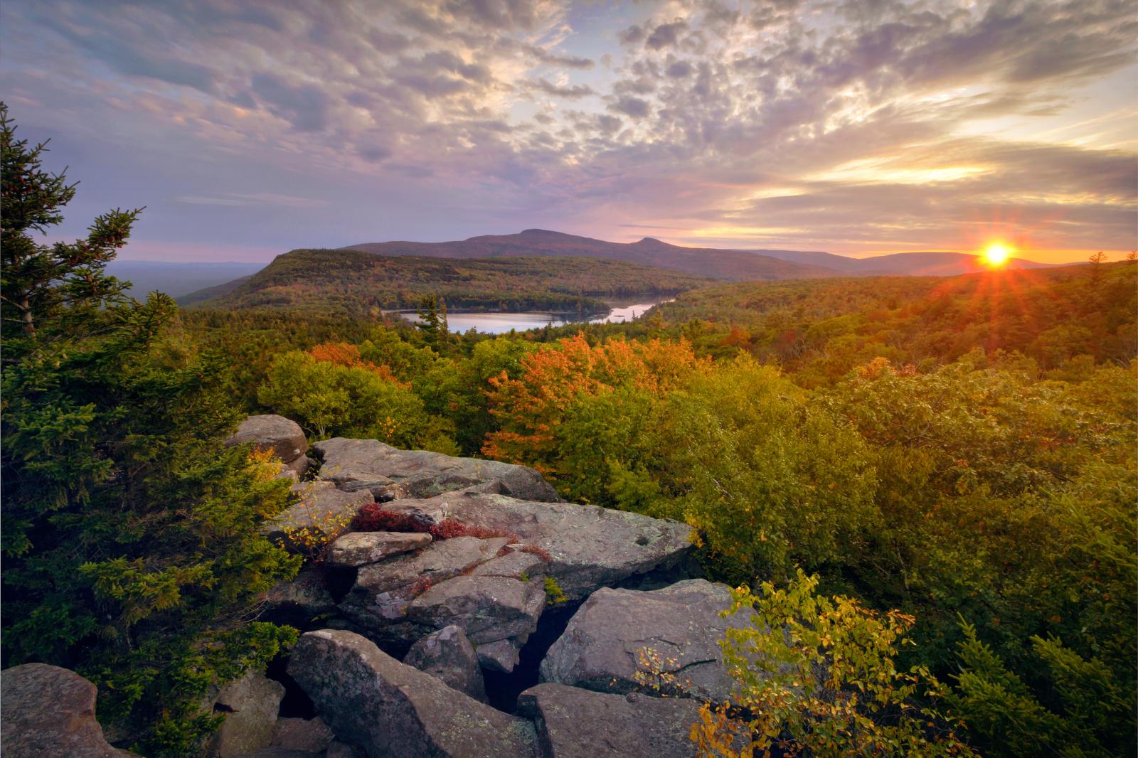 Forest and mountain vista at North–South Lake in the Catskills